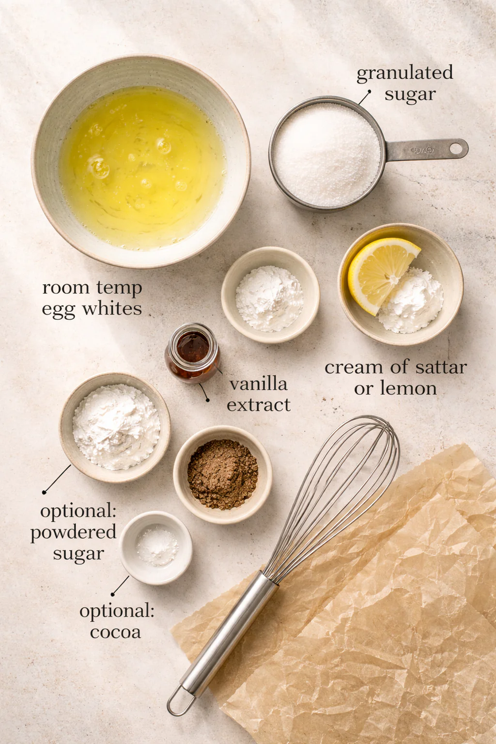 Ingredients for meringues on a table including egg whites and sugar