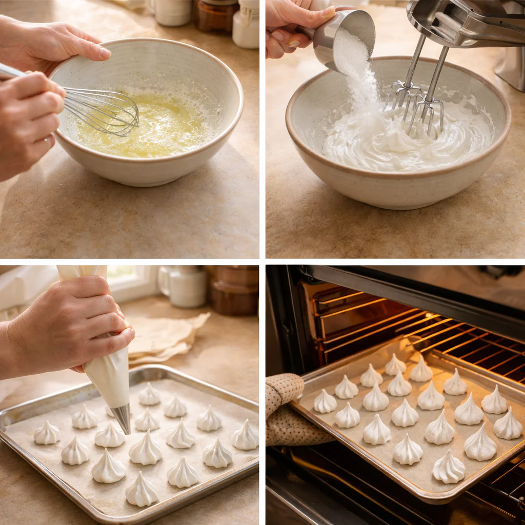 Baked meringues cooling in the oven on a baking sheet