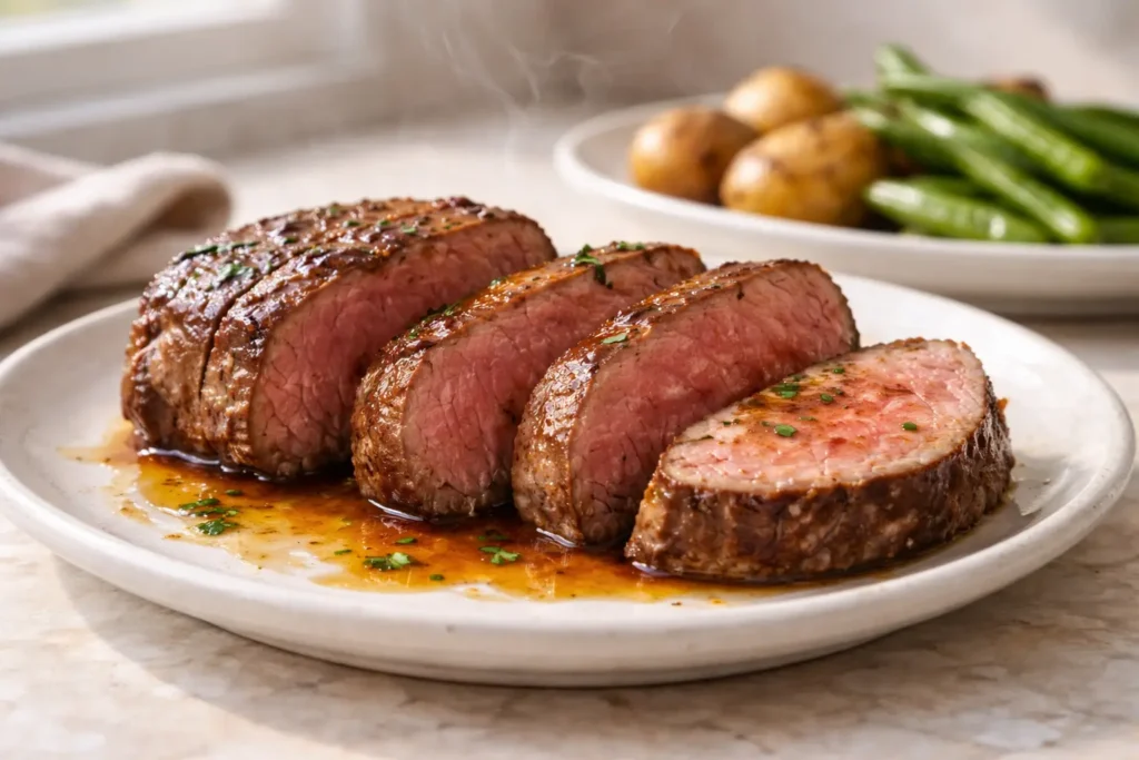 Sliced beef tenderloin reheated until warm and juicy, with a browned crust and a light drizzle of pan juices on a white plate