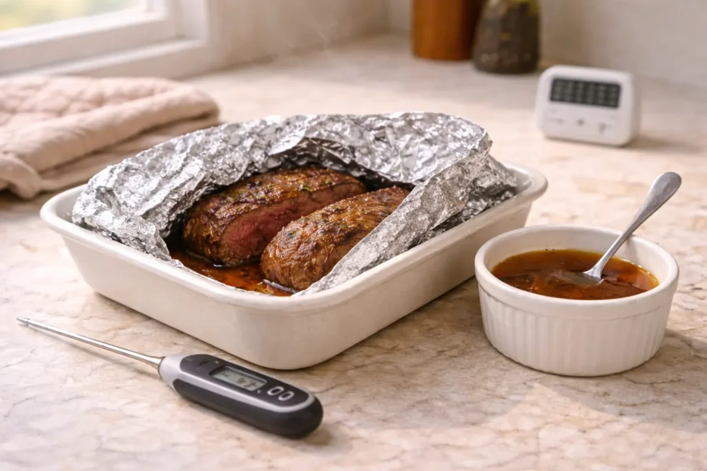 Beef tenderloin reheating in a baking dish under foil with a thermometer probe for gentle low-oven warming