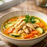 Small bowl of low sodium anti inflammatory chicken soup with shredded chicken, turmeric broth, carrots and zucchini