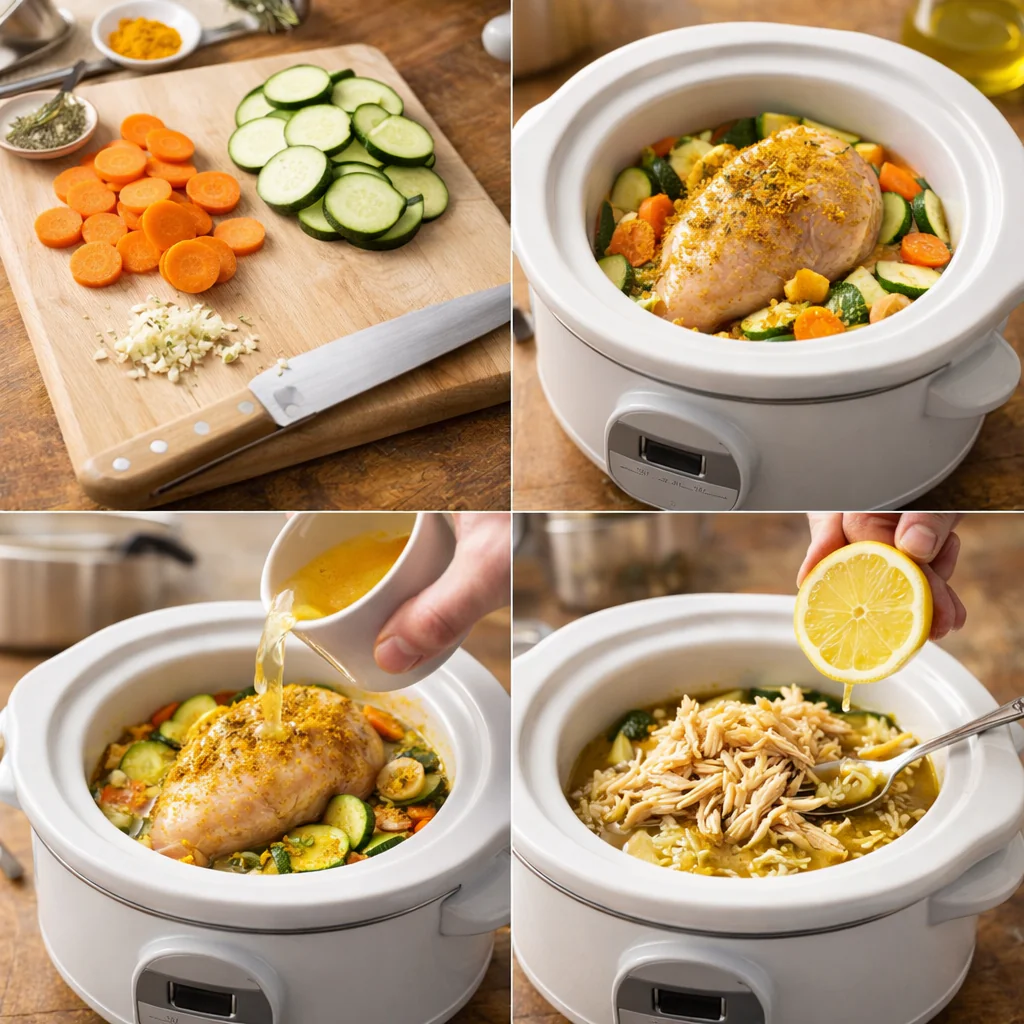Step by step preparation of the chicken dinner in a pot