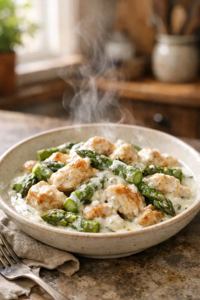 Creamy asparagus and chicken skillet in a shallow bowl with glossy yogurt sauce, tender asparagus pieces and golden browned chicken, photographed in natural window light in a cozy home kitchen