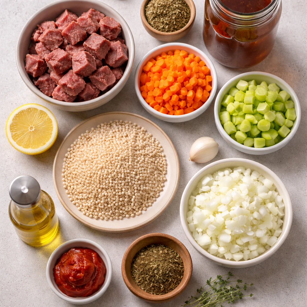 Ingredients for low sodium beef and barley soup