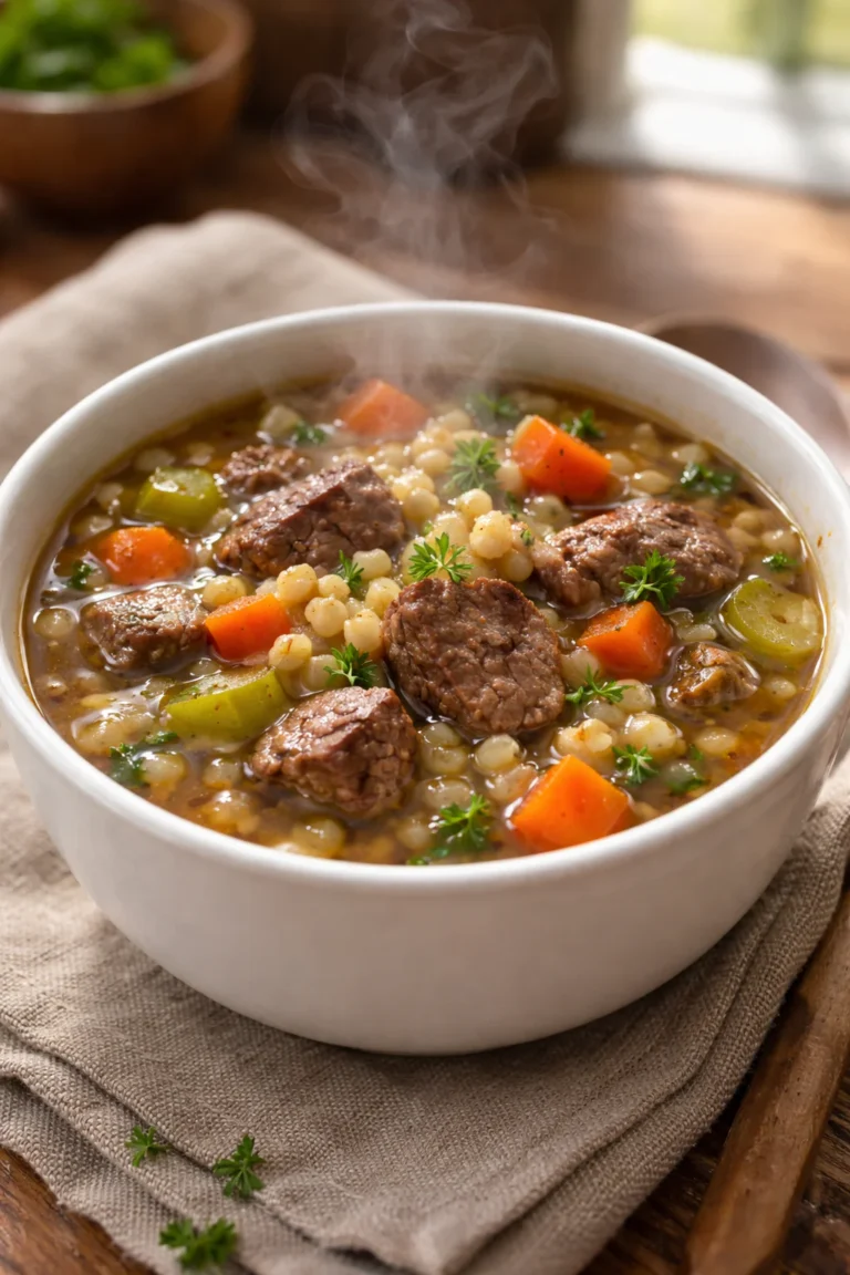 Small serving bowl of low sodium beef barley soup with tender beef, pearl barley, carrots and celery in a cozy home kitchen.