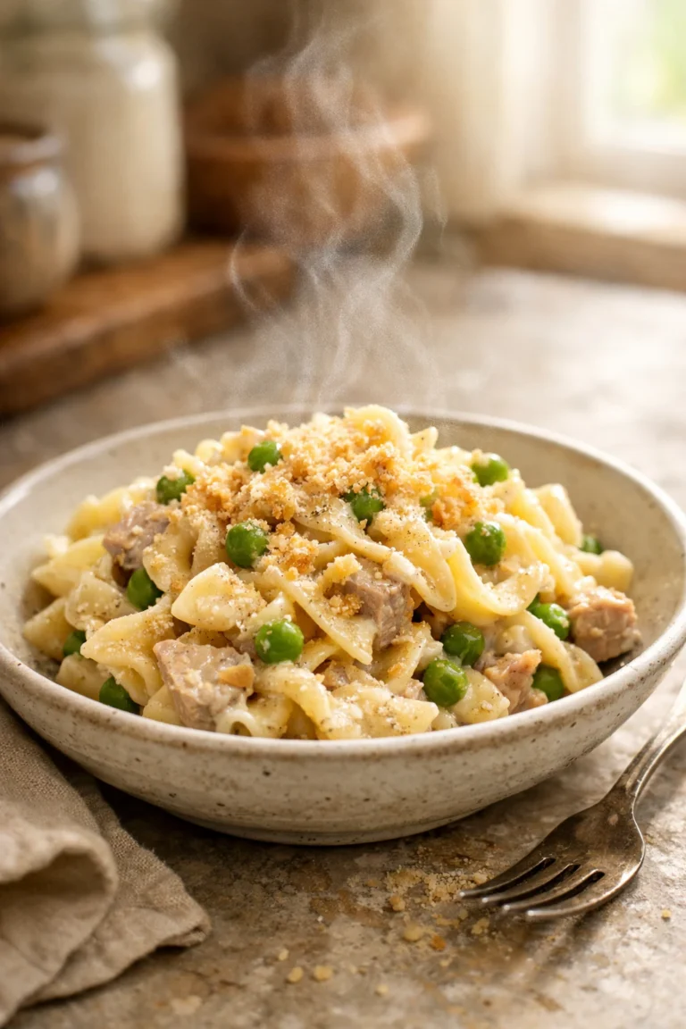 Creamy tuna noodle casserole with peas in a rustic bowl, topped with light breadcrumbs and served in a cozy kitchen with natural window light.