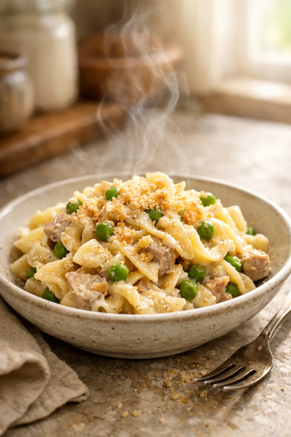 Low sodium creamy tuna noodle casserole with peas in a bowl