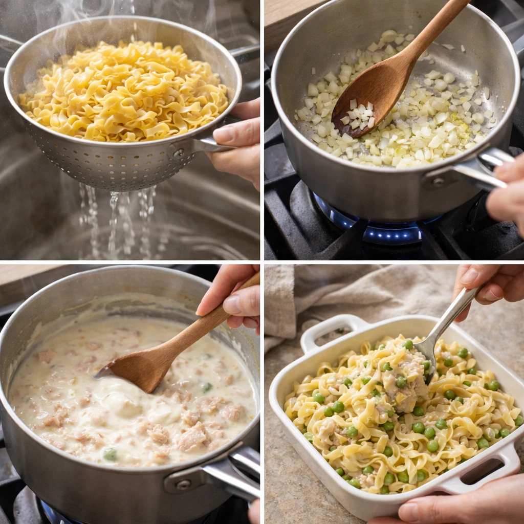 Steps showing preparation of tuna noodle casserole