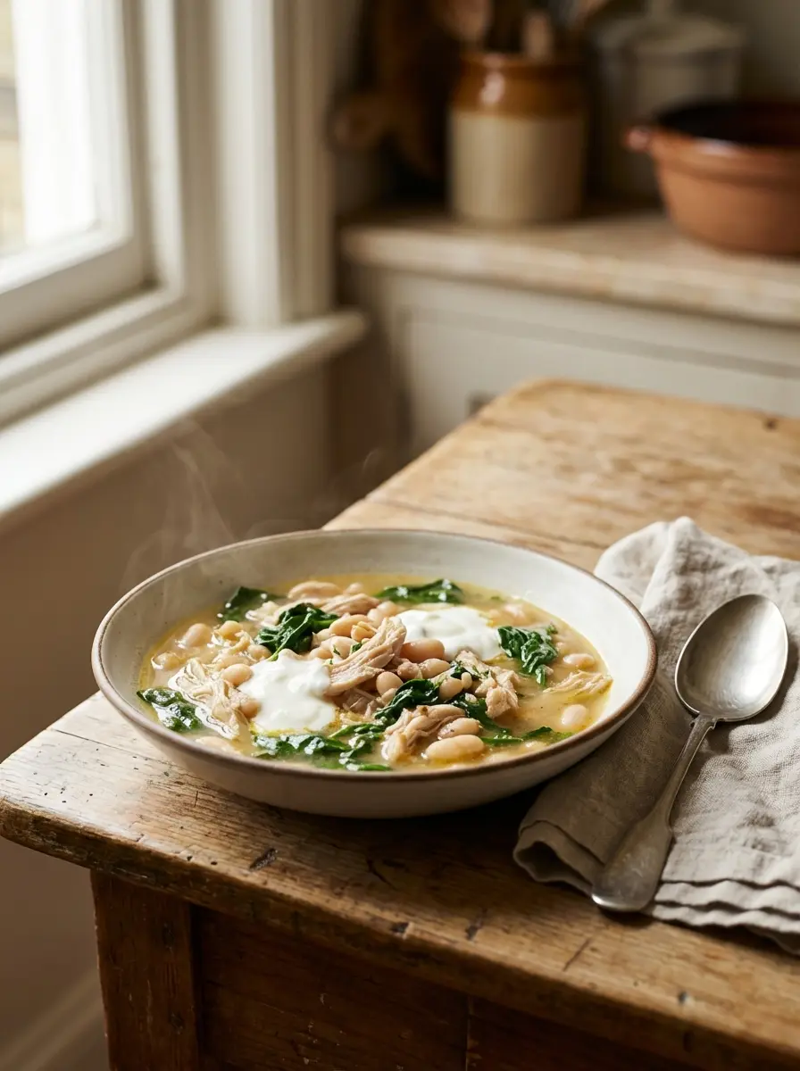 Bowl of gentle low-sodium chicken and white bean stew in a single pot