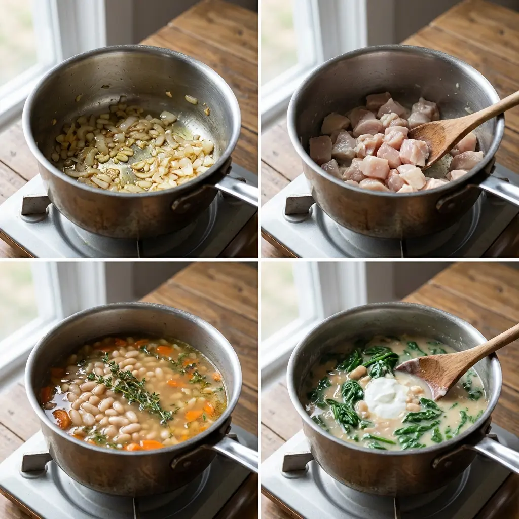 Cooking steps for simmering chicken and vegetables in one pot