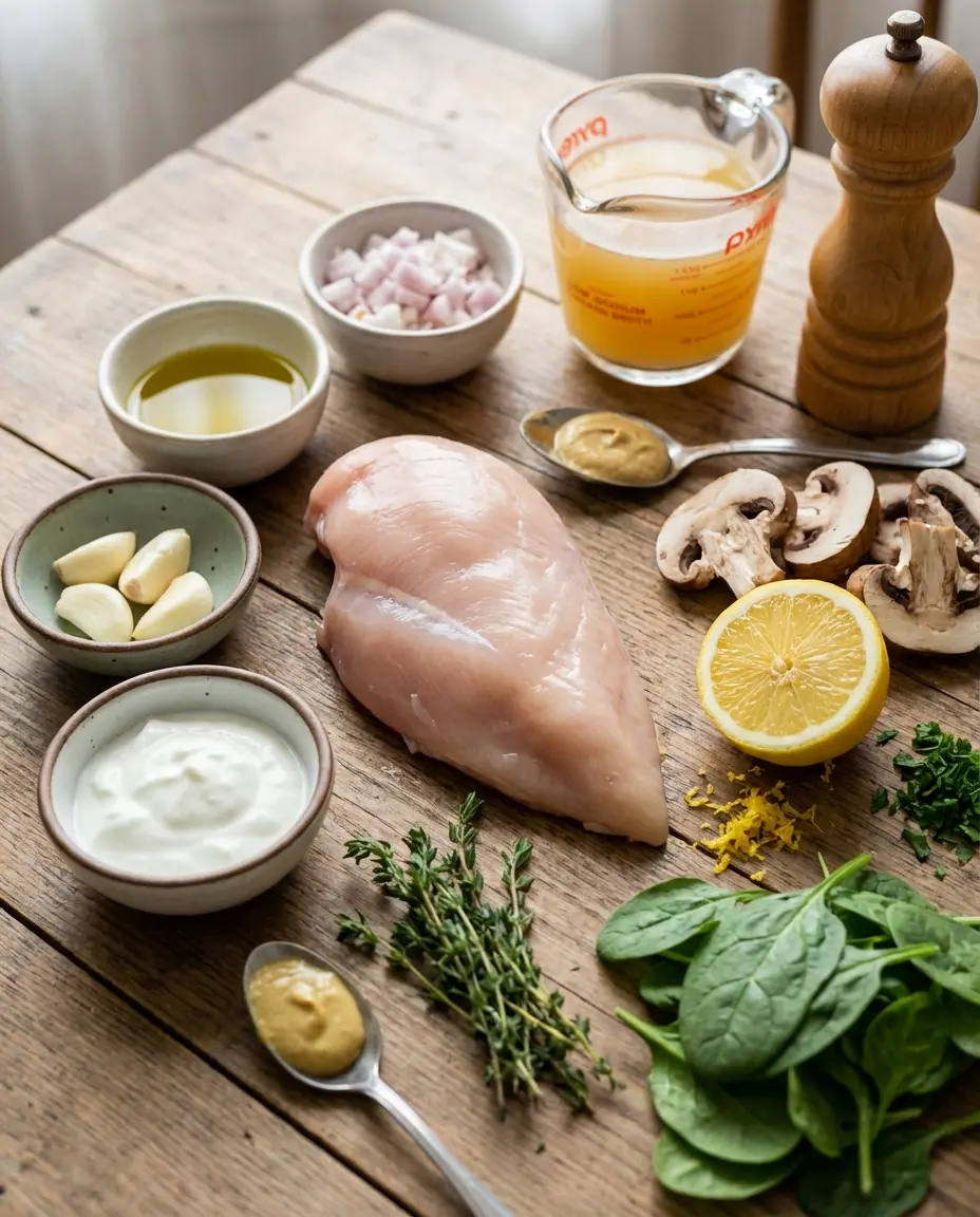 Ingredients laid out for creamy lemon chicken: chicken, yogurt, lemon, mushrooms, spinach