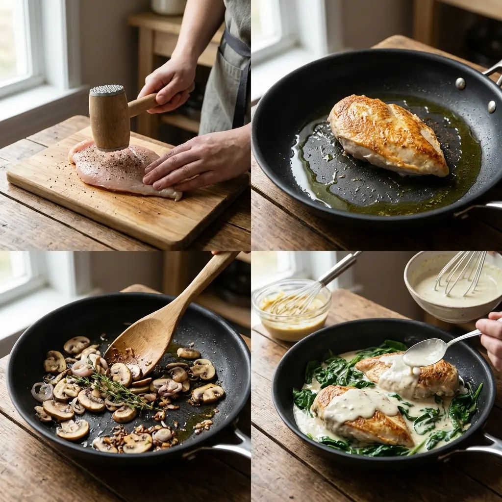 Hands cooking chicken in a skillet and stirring creamy lemon sauce