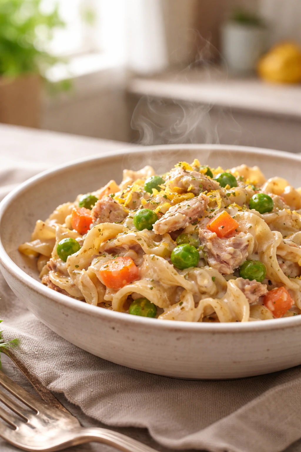Low sodium tuna noodle casserole in a baking dish