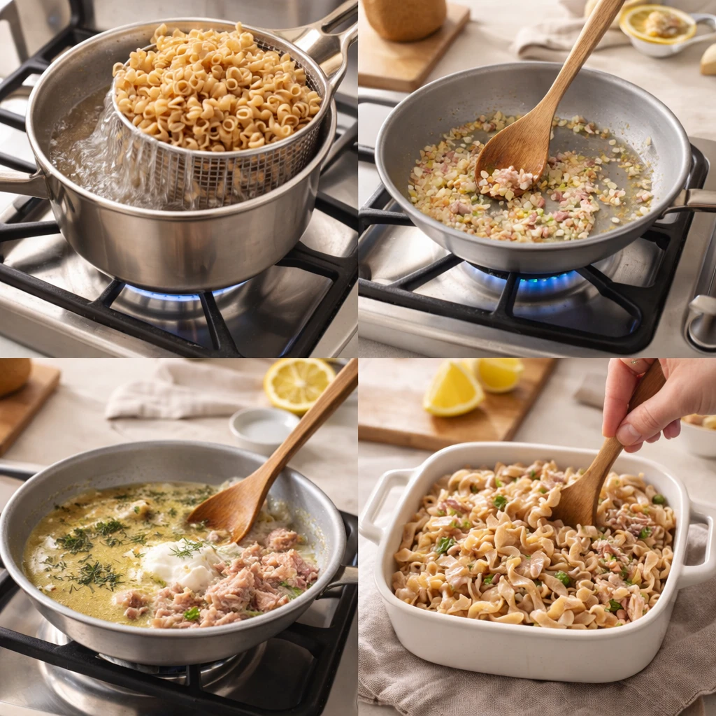 Cooking steps for tuna noodle casserole