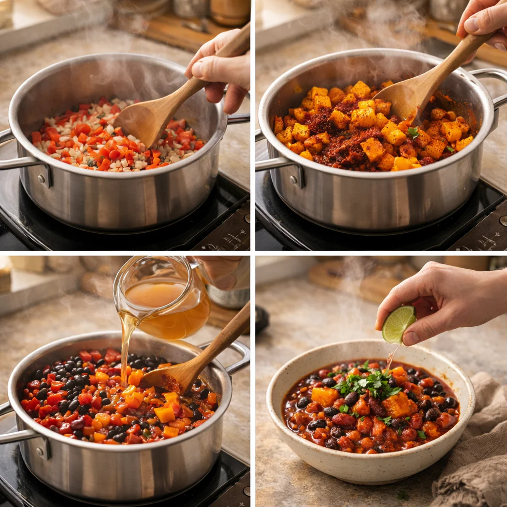 Cooking steps for making the chili shown in a saucepan