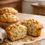 Low sugar banana nut muffins on rustic kitchen counter, one muffin cut open showing moist texture and chopped walnuts