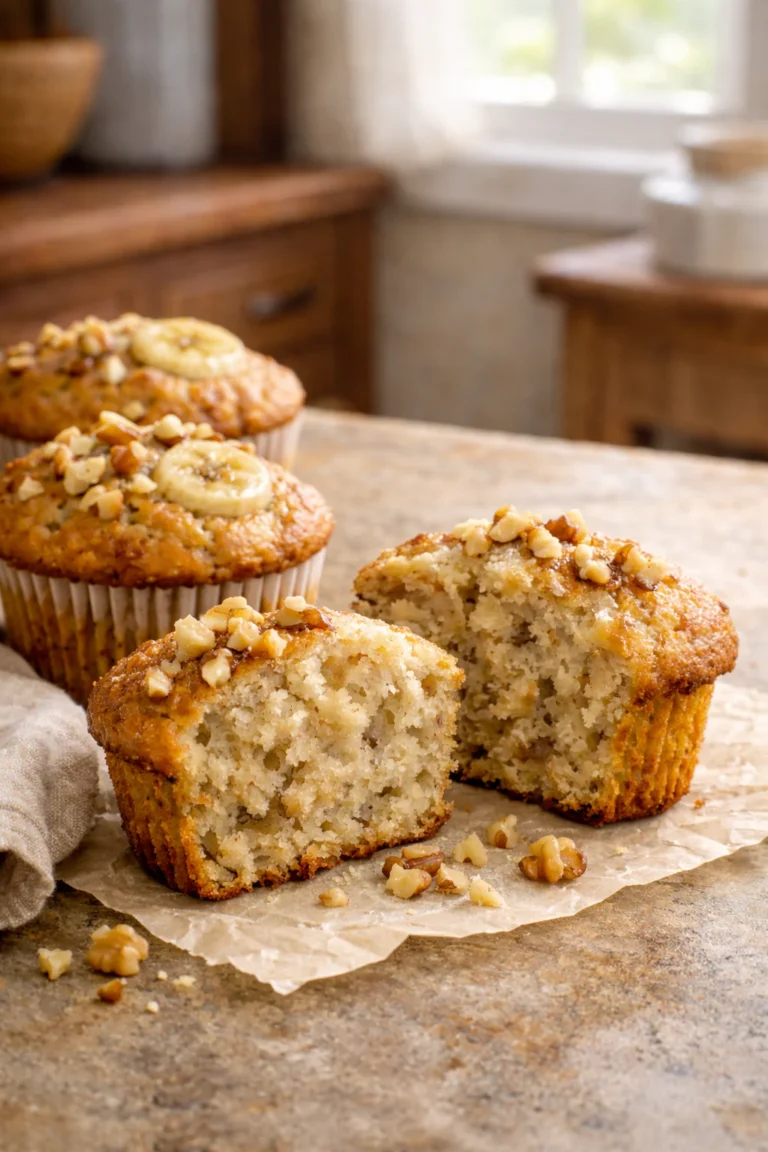 Low sugar banana nut muffins on rustic kitchen counter, one muffin cut open showing moist texture and chopped walnuts