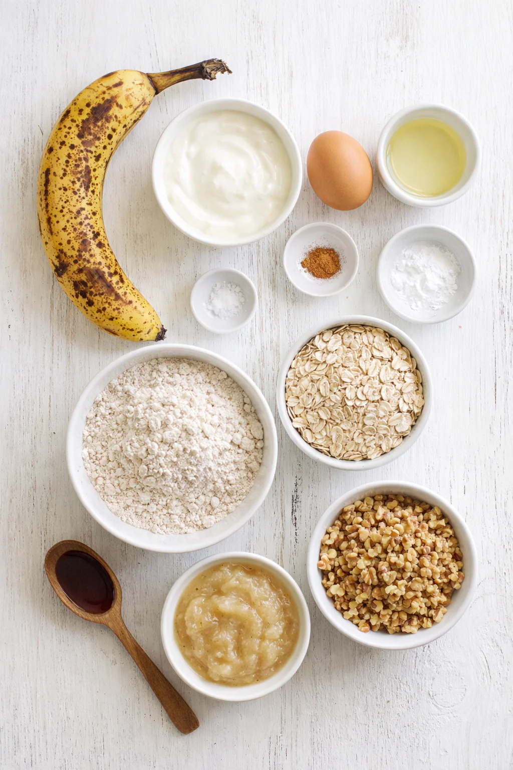 Ingredients for low sugar banana nut bread muffins laid out