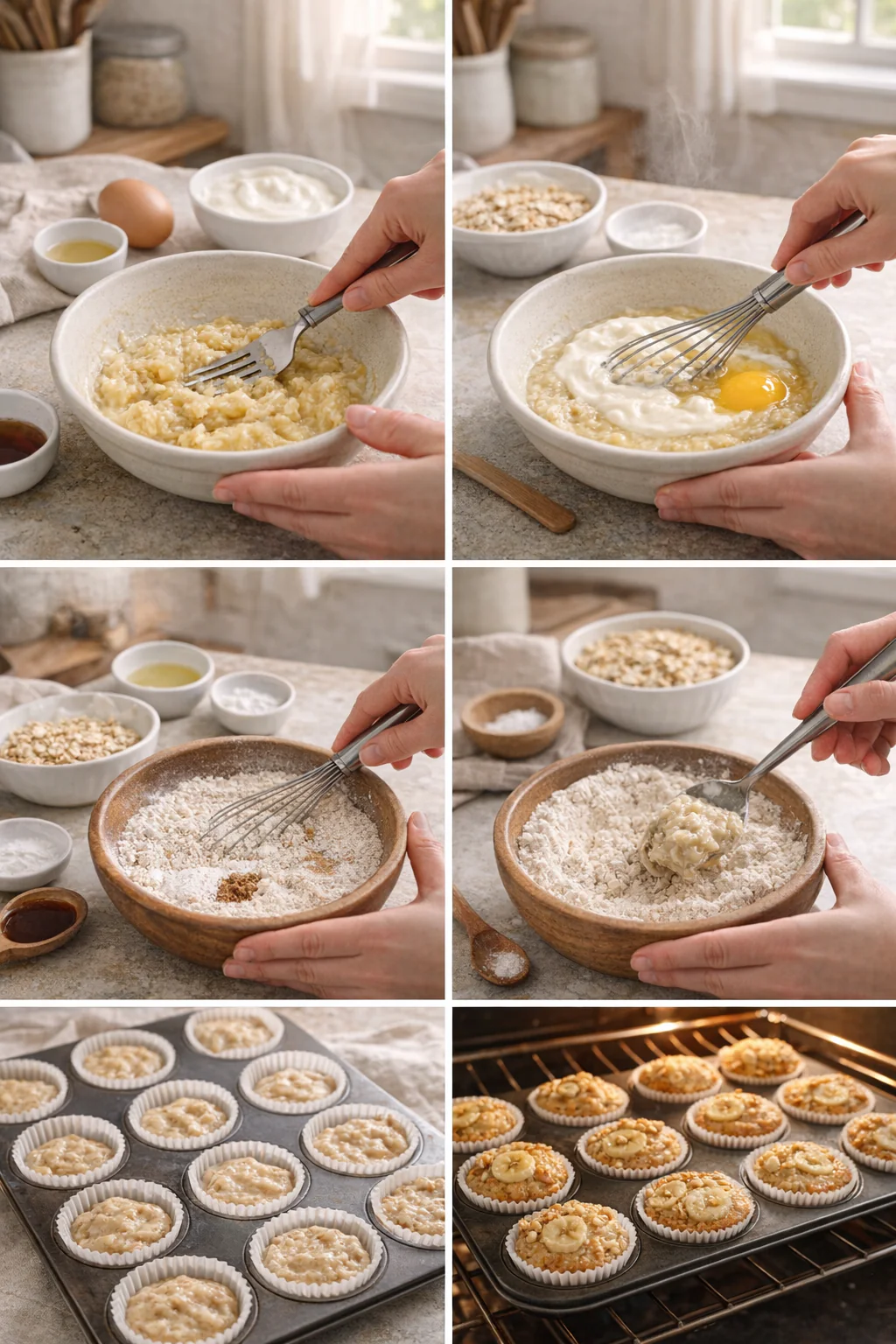 Batter being spooned into muffin cups