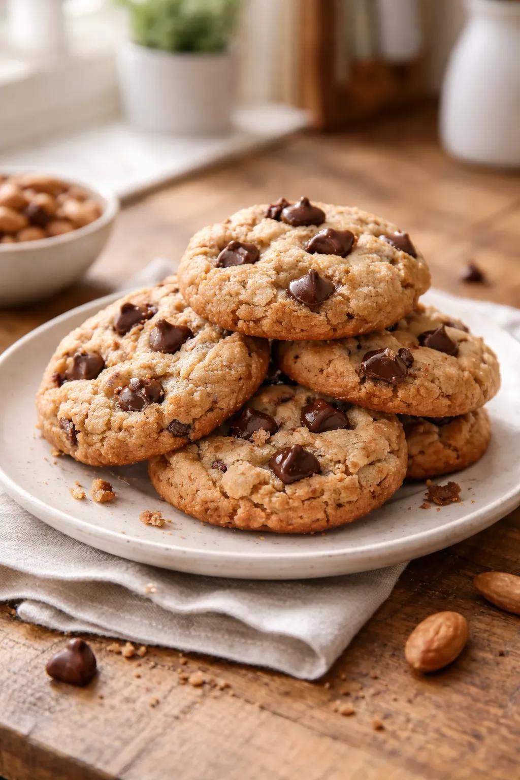 Low sugar chocolate chip cookies on a plate