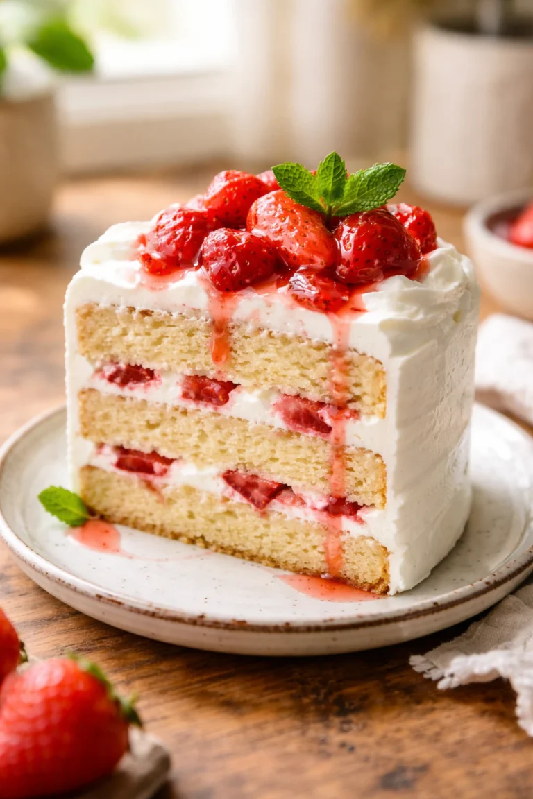 Small strawberry layer cake slice with whipped cream frosting and fresh strawberries on a plate, cozy home kitchen food photography