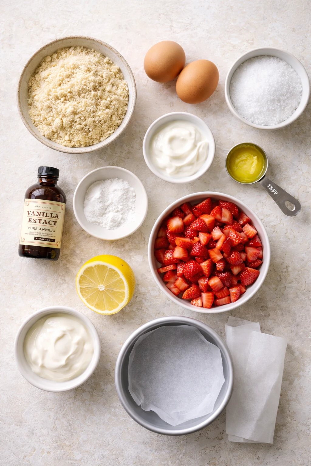 Ingredients laid out for a small strawberry almond flour cake