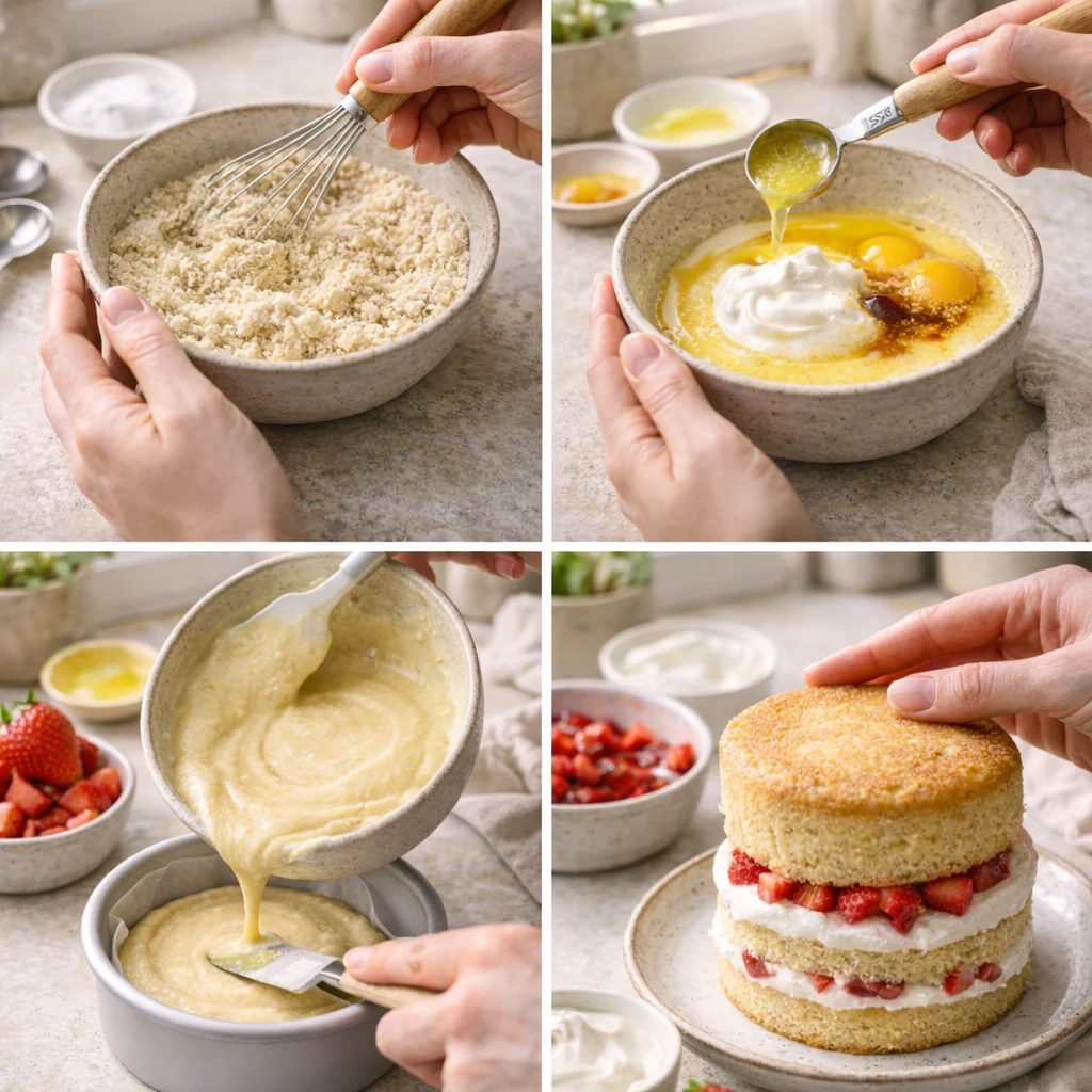Steps for mixing and assembling a small strawberry cake