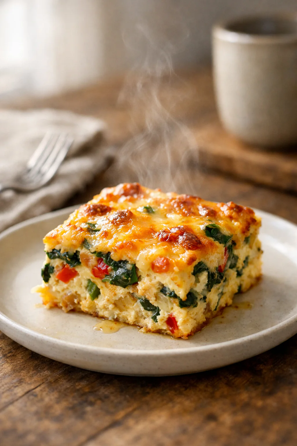 Small make ahead breakfast casserole in a baking dish ready to bake