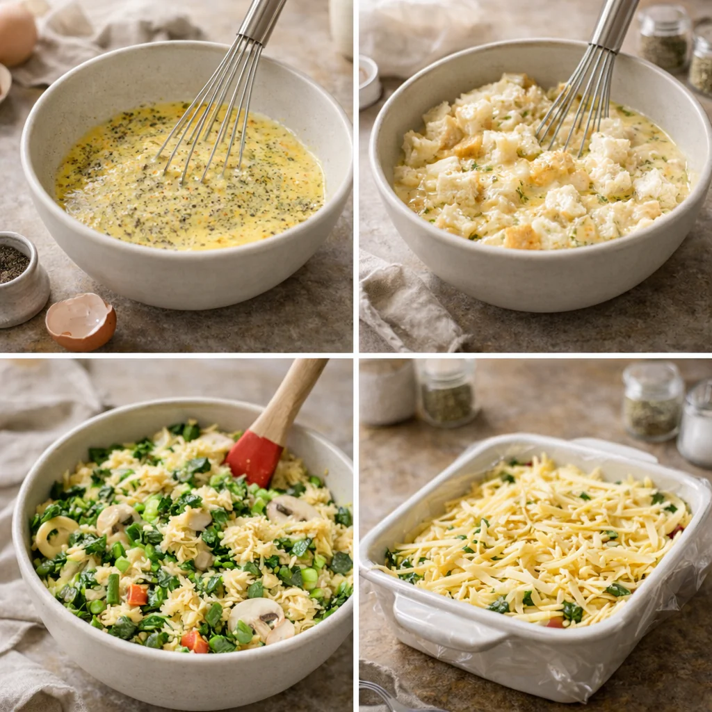 Steps showing mixing and assembling the small breakfast casserole