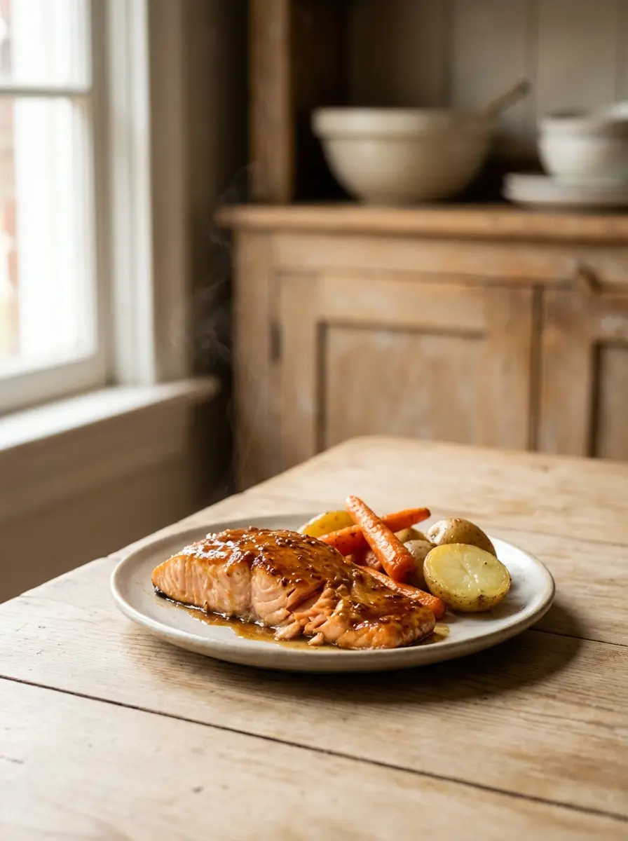 Maple-mustard glazed salmon on a sheet pan with roasted carrots and potatoes