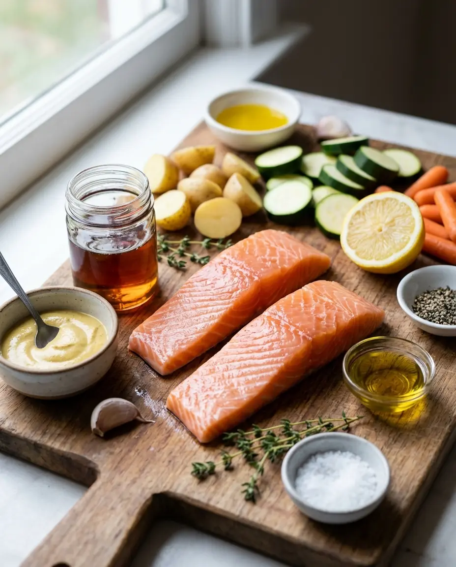Ingredients laid out: salmon fillets, carrots, potatoes, zucchini, mustard, maple syrup