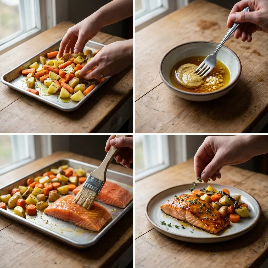 Baking sheet with roasted vegetables and salmon being glazed