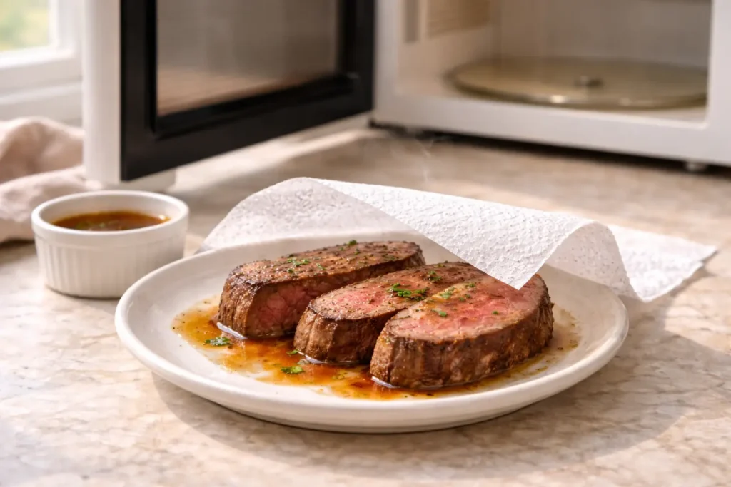 Sliced beef tenderloin on a microwave-safe plate with a little broth, loosely covered for gentle low-power reheating
