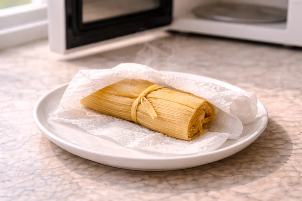 Tamale in its corn husk wrapped in a damp paper towel on a plate for microwave reheating