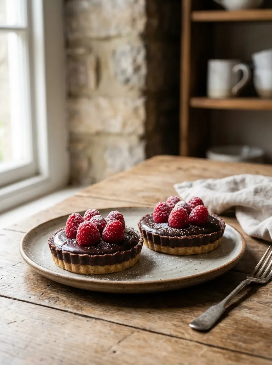 Two small no-bake chocolate raspberry tarts on a plate, garnished with fresh raspberries and mint