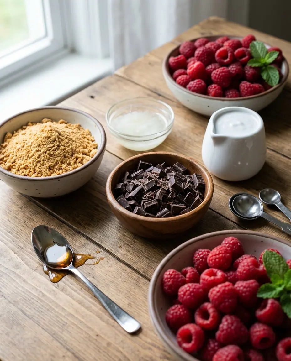 Ingredients for no-bake raspberry tarts: crushed crackers, chocolate, coconut cream and raspberries