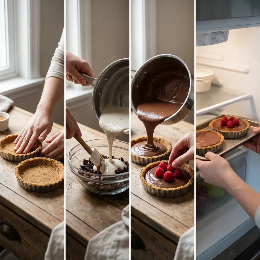 Preparation steps for making no-bake raspberry tarts with chocolate filling and raspberry topping