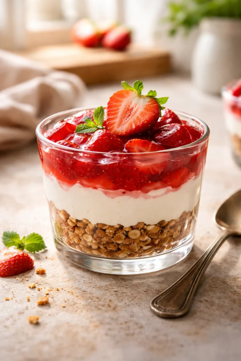 No bake strawberry pretzel salad cup layered with crushed pretzels, creamy yogurt cheesecake filling and fresh strawberry topping in a glass, natural light kitchen