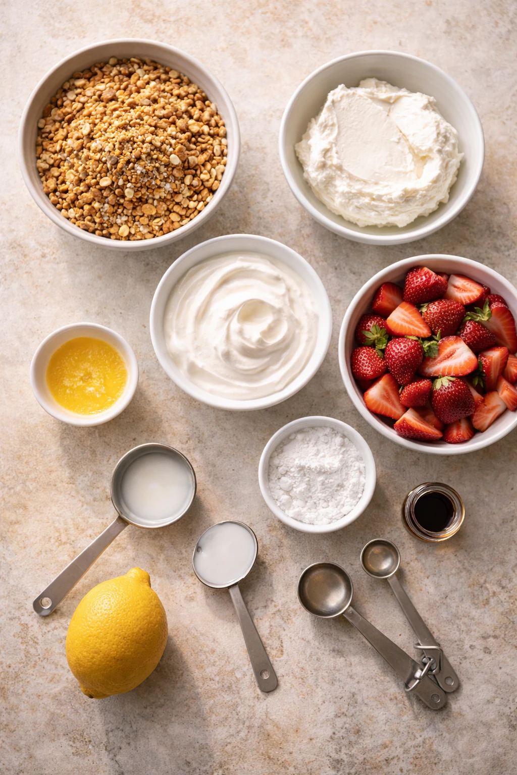 Ingredients laid out for strawberry pretzel salad cups
