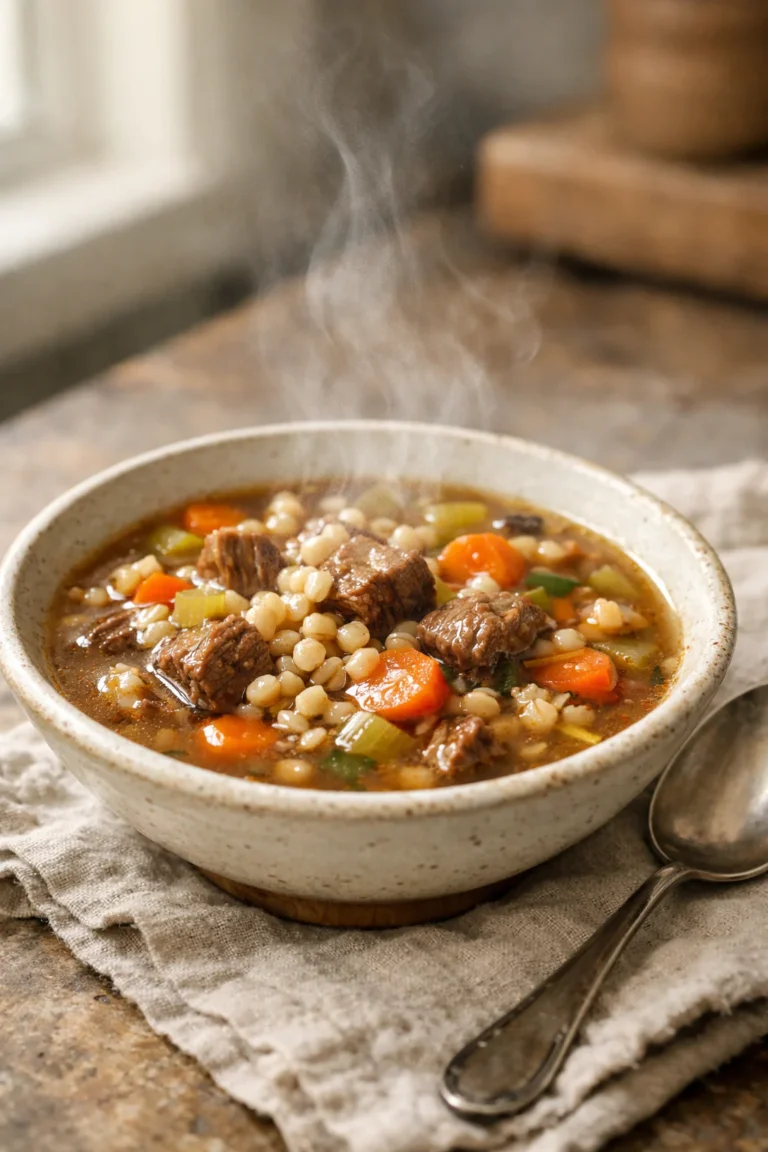 Small bowl of homemade beef barley soup with tender beef chunks, pearled barley, carrots and celery in a rich broth