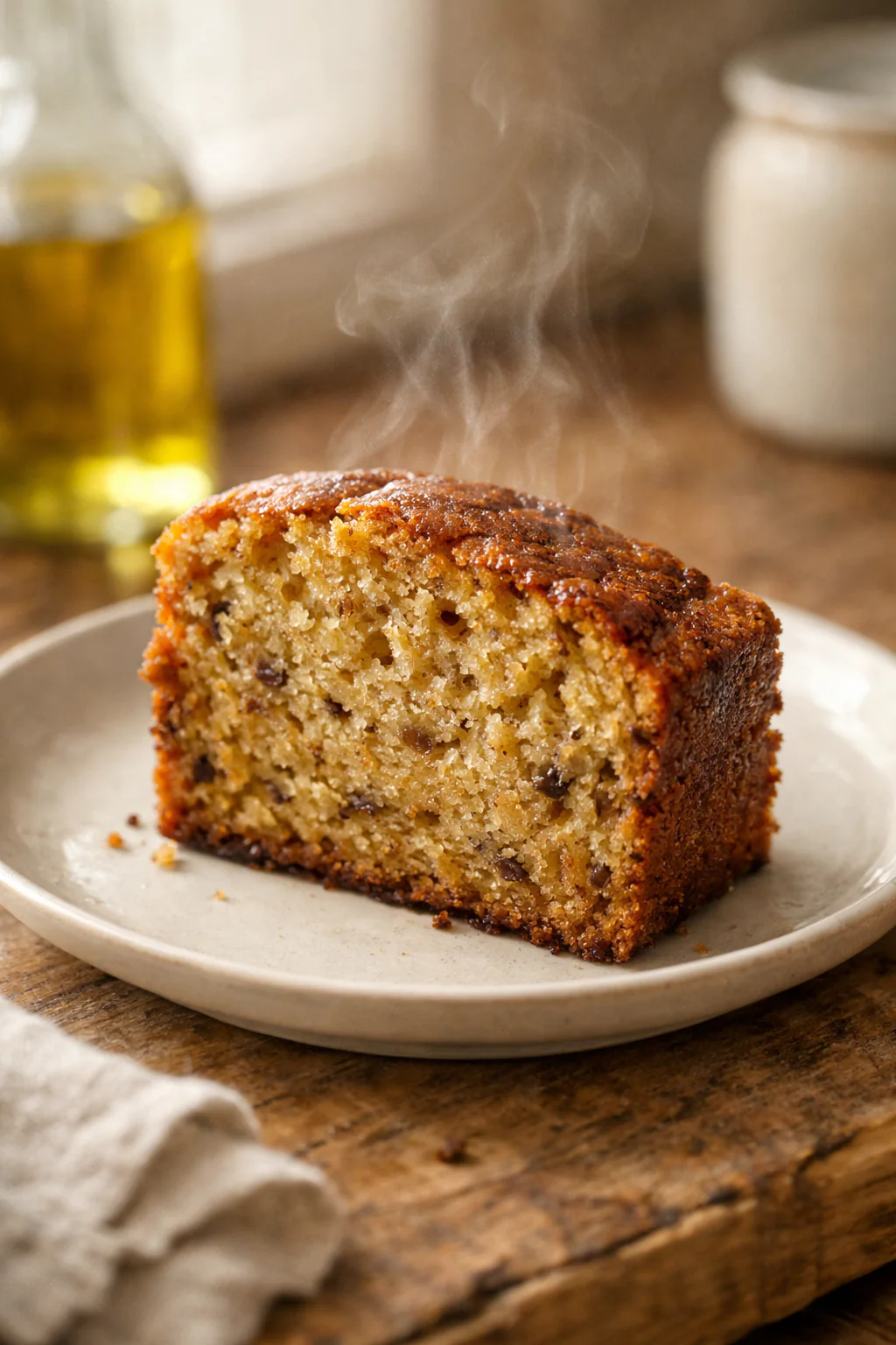 Olive oil banana bread loaf on a plate