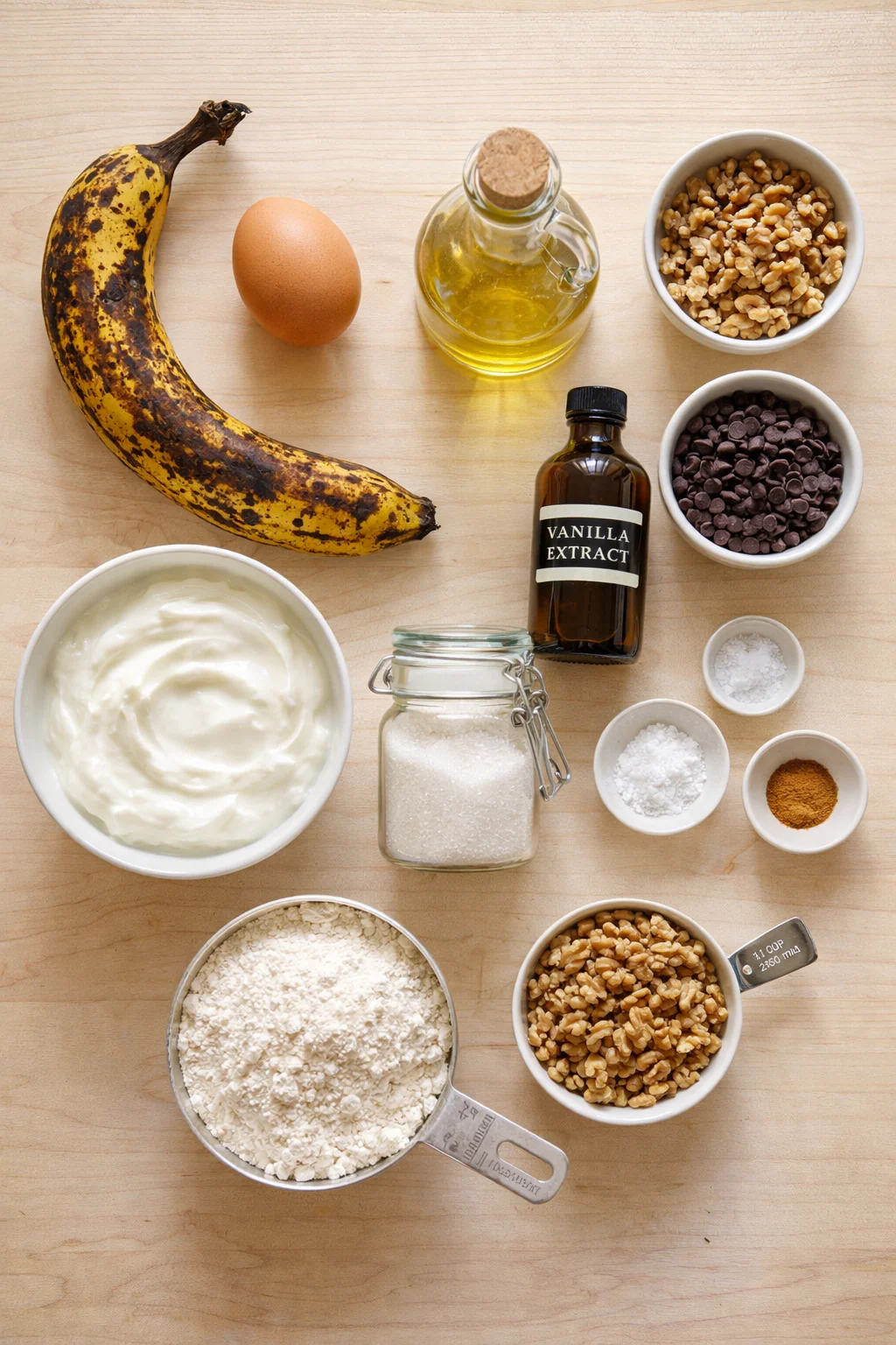 Ingredients for olive oil banana bread laid out