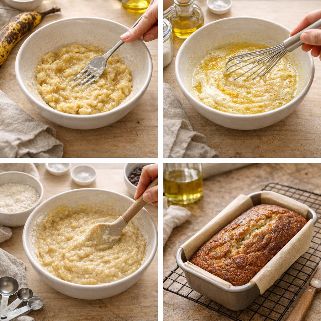 Step by step banana bread batter being mixed