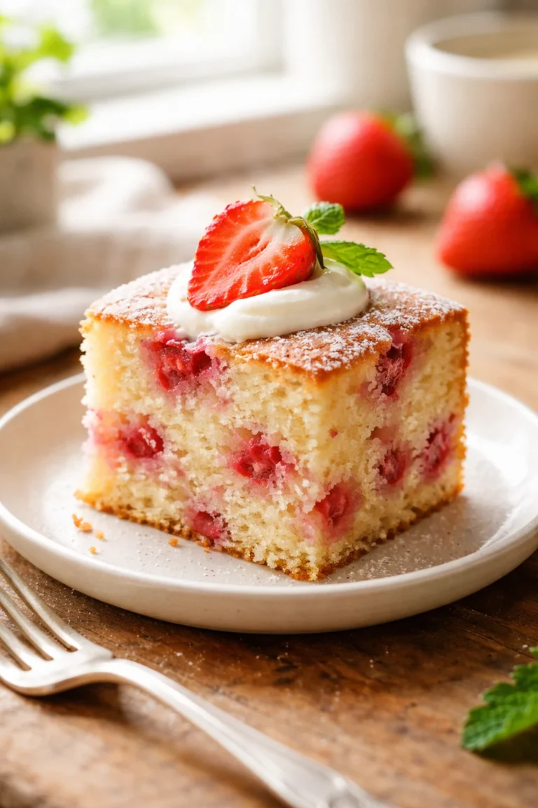 One bowl strawberry cake slice on white plate topped with fresh strawberry and cream in bright home kitchen