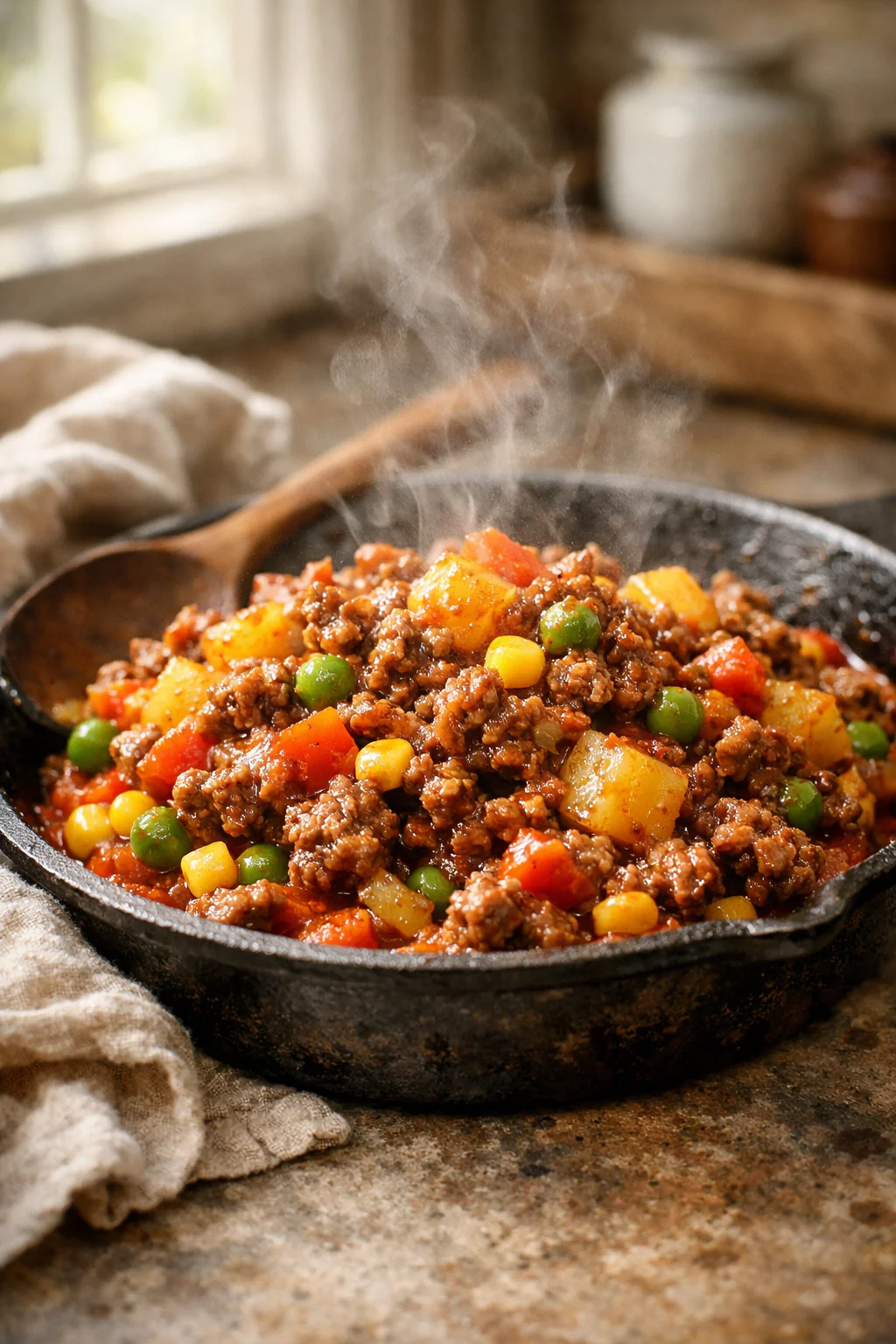 One-pan ground beef and mixed vegetables in a skillet
