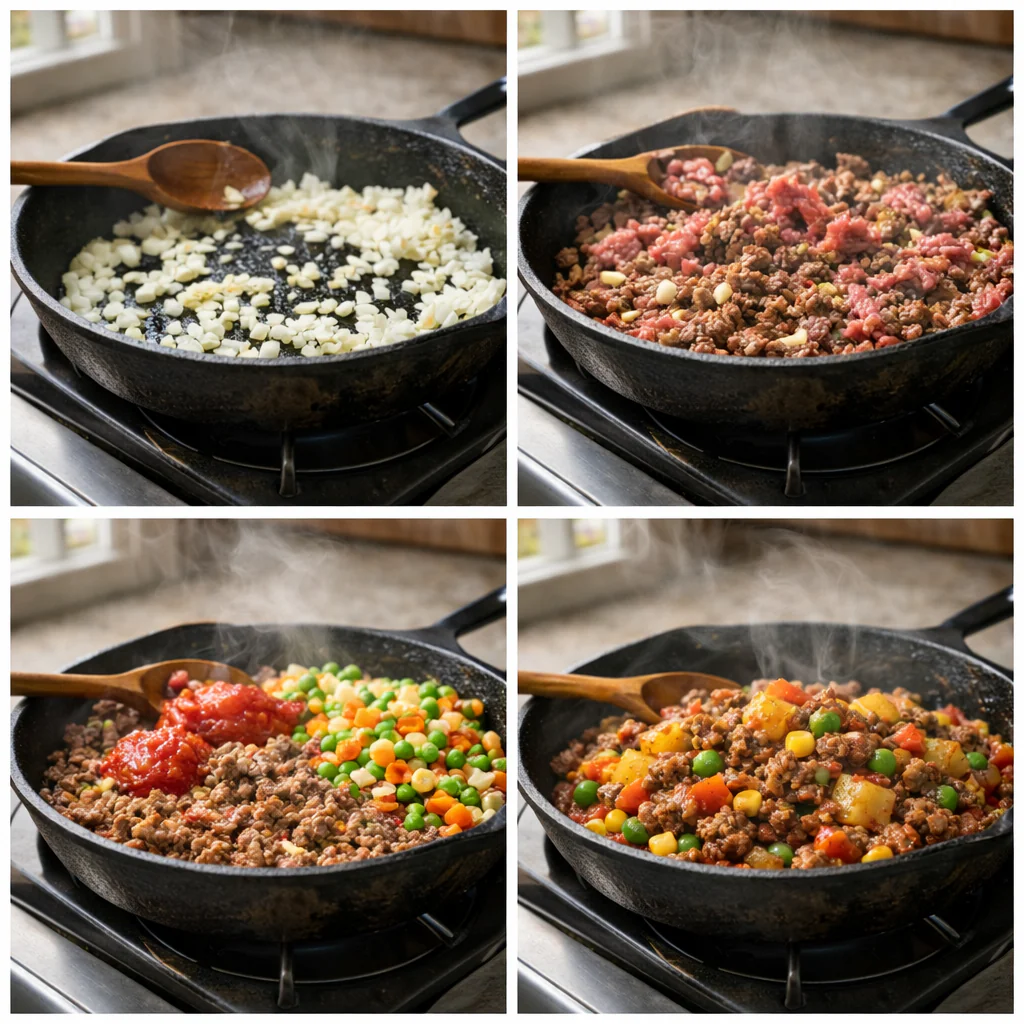 Cooking steps for the one-pan ground beef skillet