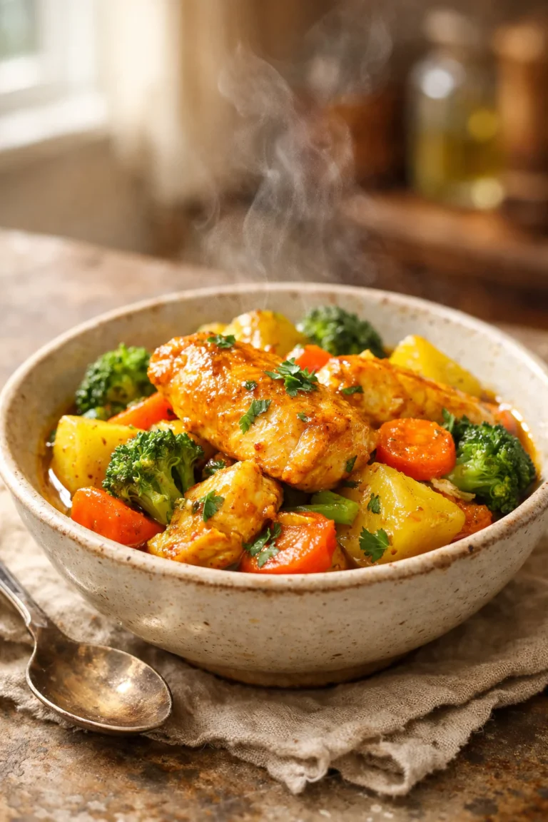 Small bowl of turmeric chicken with zucchini, carrots, and tomatoes in a cozy home kitchen