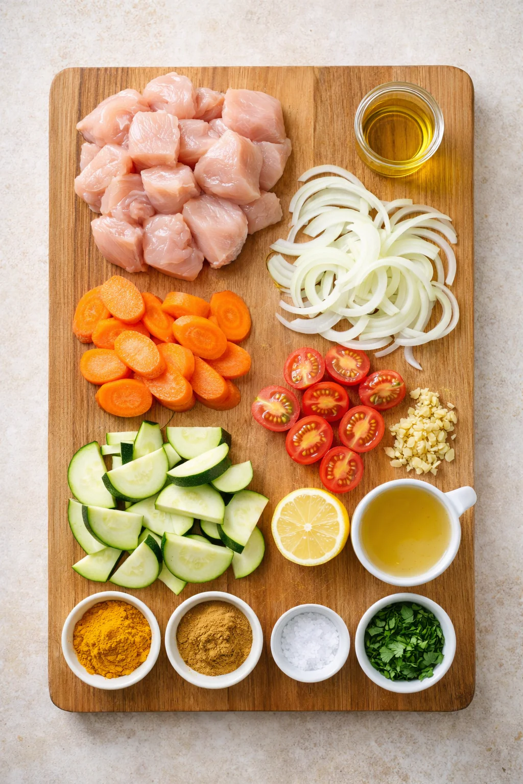 Ingredients for turmeric chicken and vegetables on a board