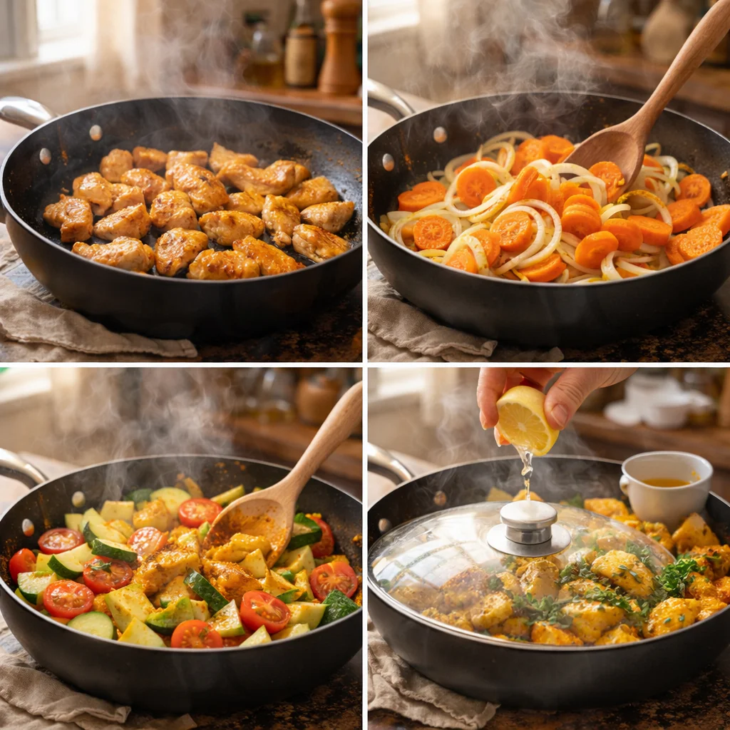 Cooking steps for turmeric chicken and vegetables in a skillet