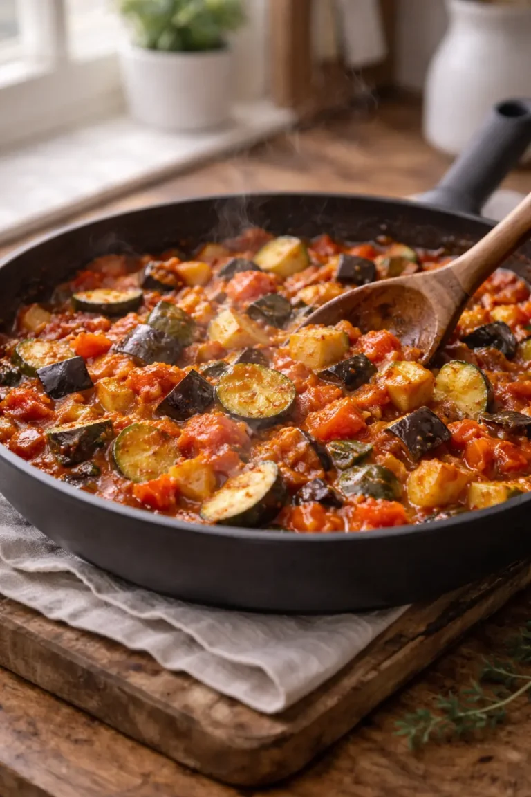 One-pan oven ratatouille in a small skillet with roasted layers of eggplant, zucchini, tomato, and red bell pepper, steaming in natural window light
